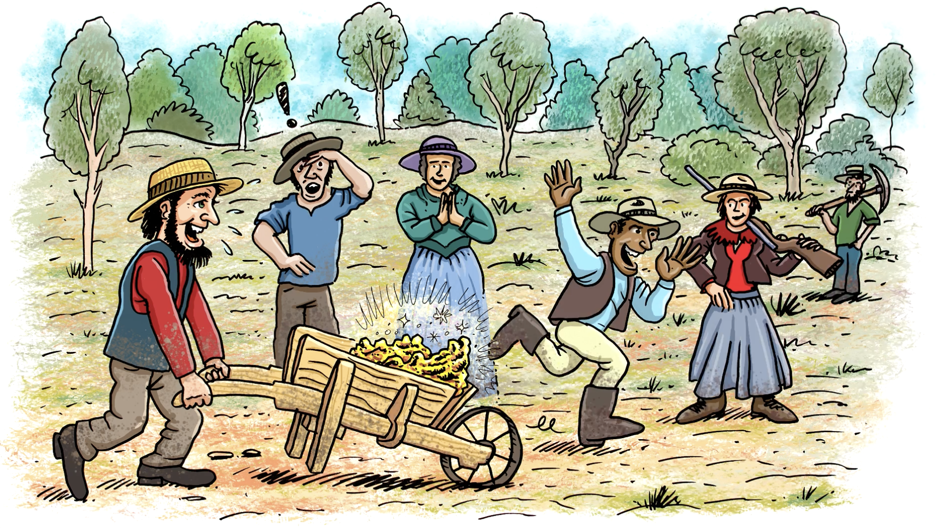 Image of a few people from the gold rush days. One gentleman wearing a red shirt is seen pushing a wheelbarrow filled with gold while 5 other people watch him celebrating.